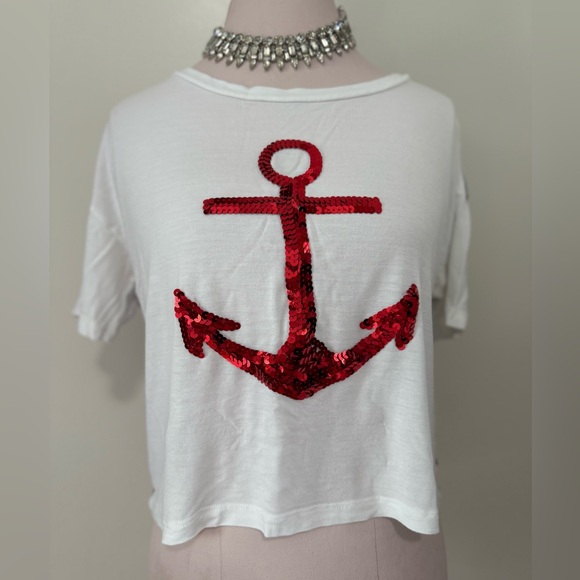 DELIAS white crop tee with red sequin anchor tee in size large - Picture 1 of 9